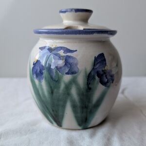 Ruthann Maze Pottery Handmade Iris Floral Ceramic Condiment Jar Signed Vintage